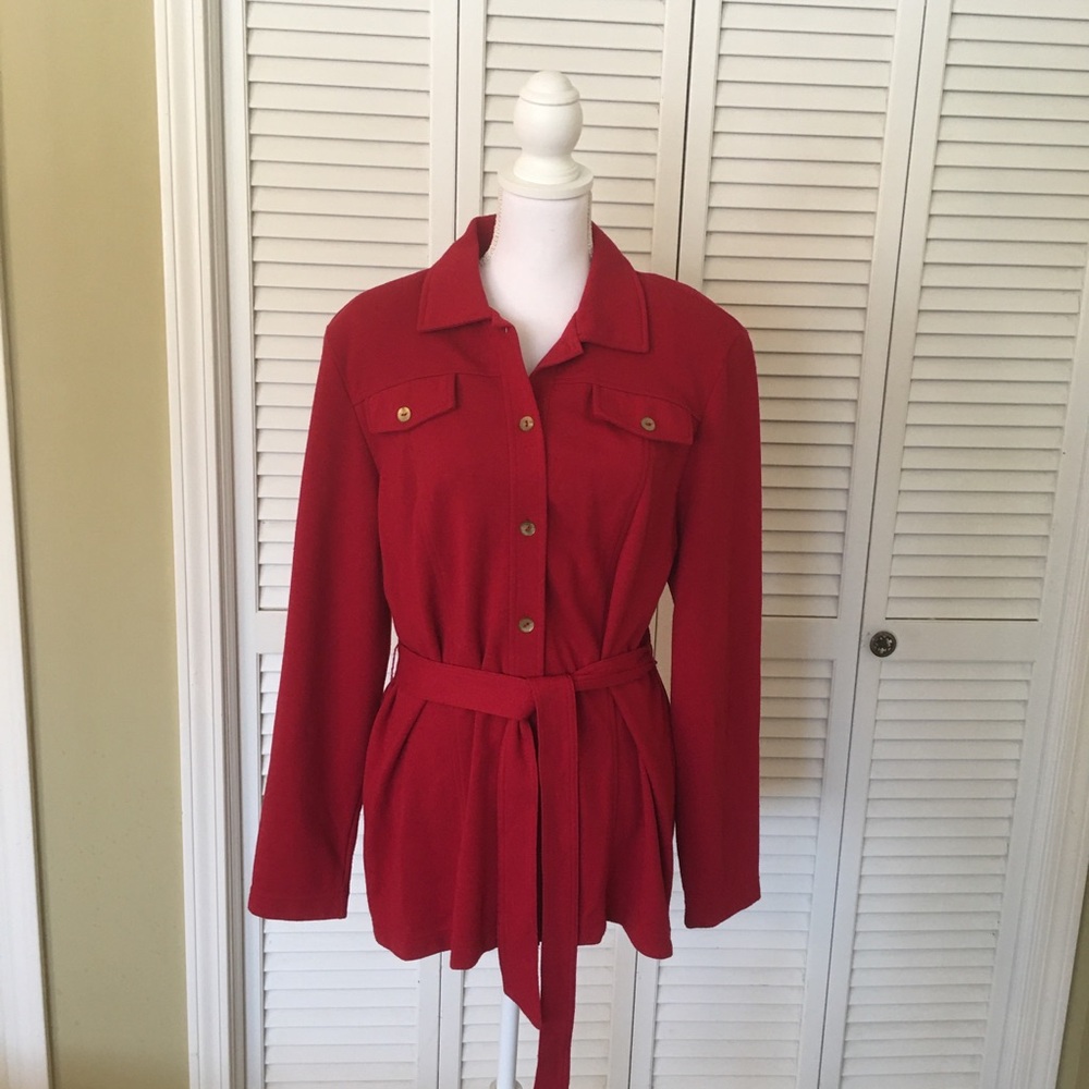 Vintage Worthington Classic Red Knit Button Down Tie Waist Tunic Shoulder Pads